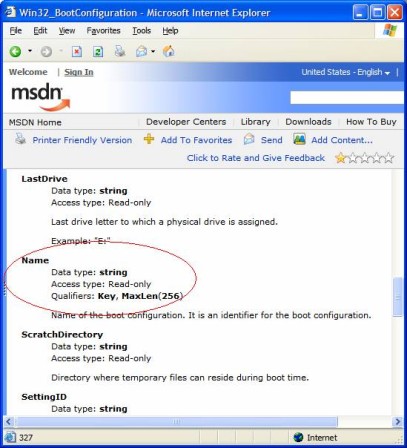 Key property for Win32_BootConfiguring class