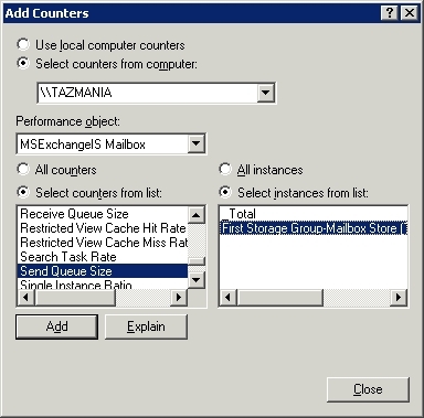 MSExchangeIS Mailbox/Send Queue Size counter