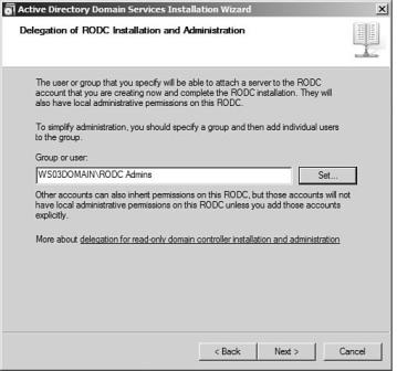 The Delegation of RODC Installation and Administration page