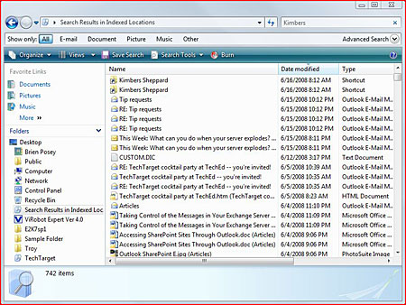 Windows Vista's Desktop Search feature indexes Exchange Server email