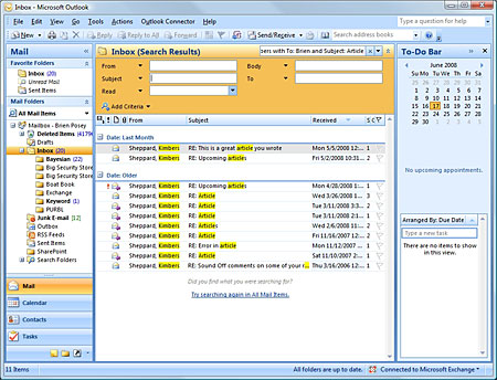 Microsoft Outlook displays more search options