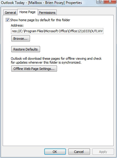 Customize Microsoft Outlook's Outlook Today screen via the properties sheet