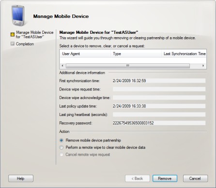 Manage the Mobile Device dialog box