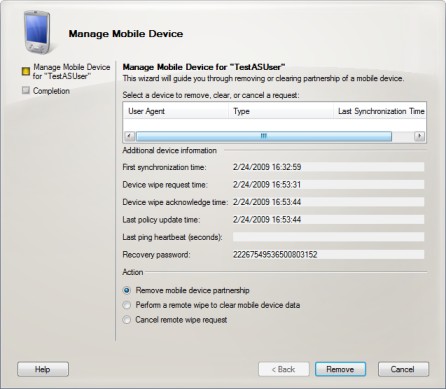 The Manage Mobile Device dialog box after wiping a device