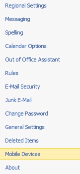 The Mobile Devices menu option in OWA