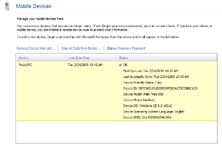 The Mobile Devices page in OWA