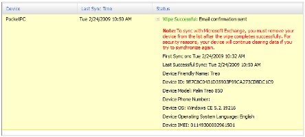 The Mobile Devices page in OWA after issuing the remote wipe command