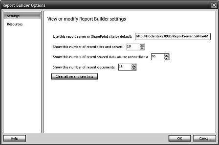 Report Builder Options window