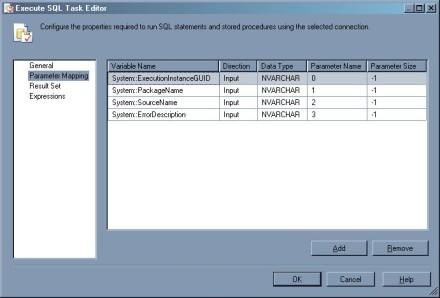 Parameter Mapping page of Execute SQL task editor