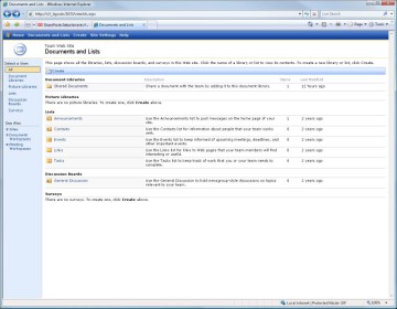 Documents and Lists screen in Microsoft SharePoint