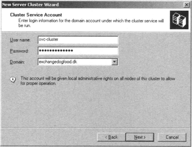Entering the Credentials of the Cluster Service Account