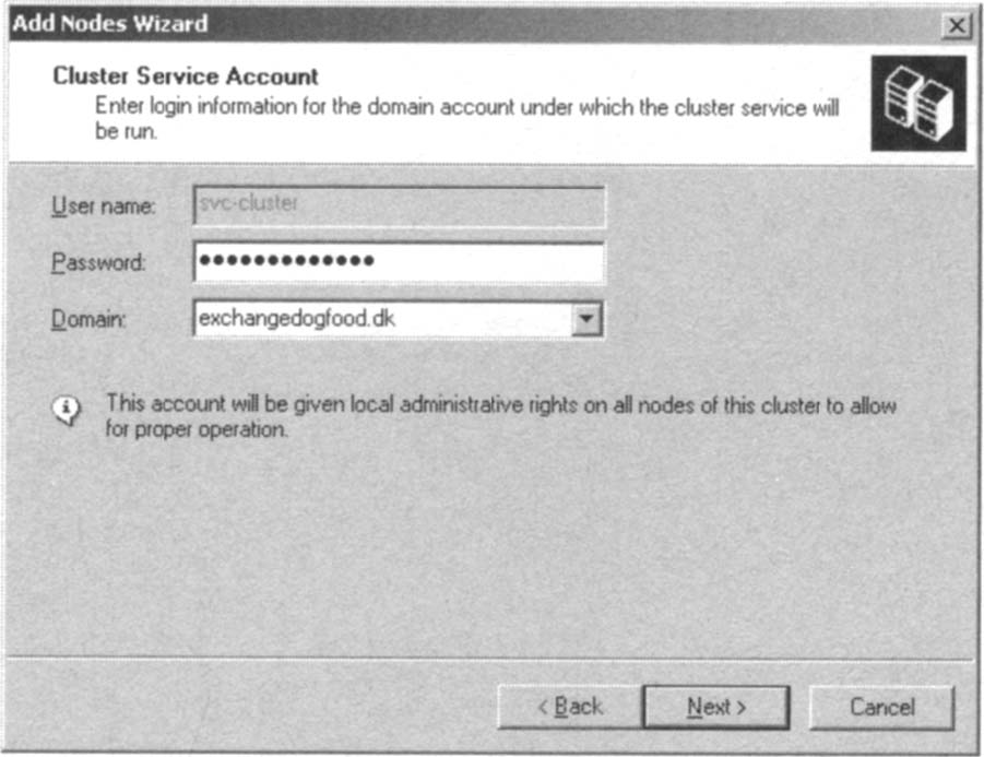 Entering the Password for the Cluster Service Account