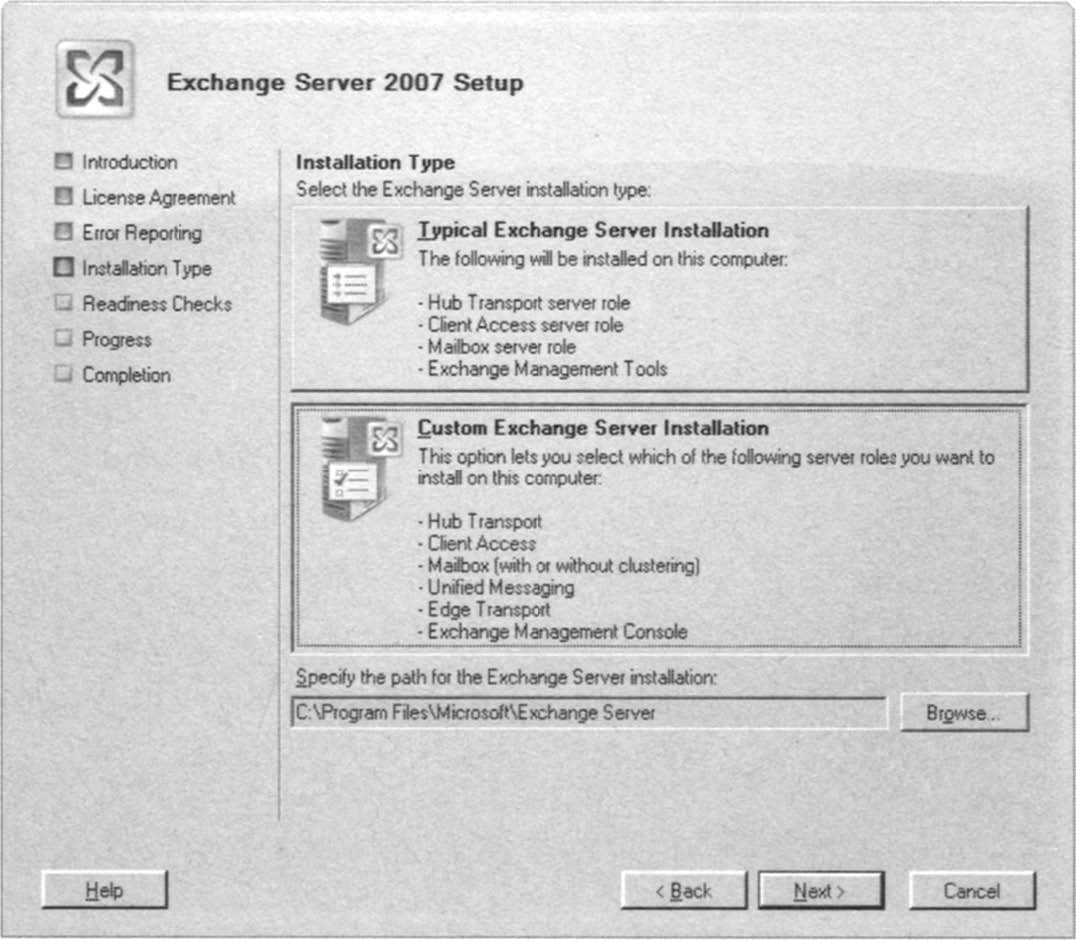 Selecting a Custom Exchange Server Installation