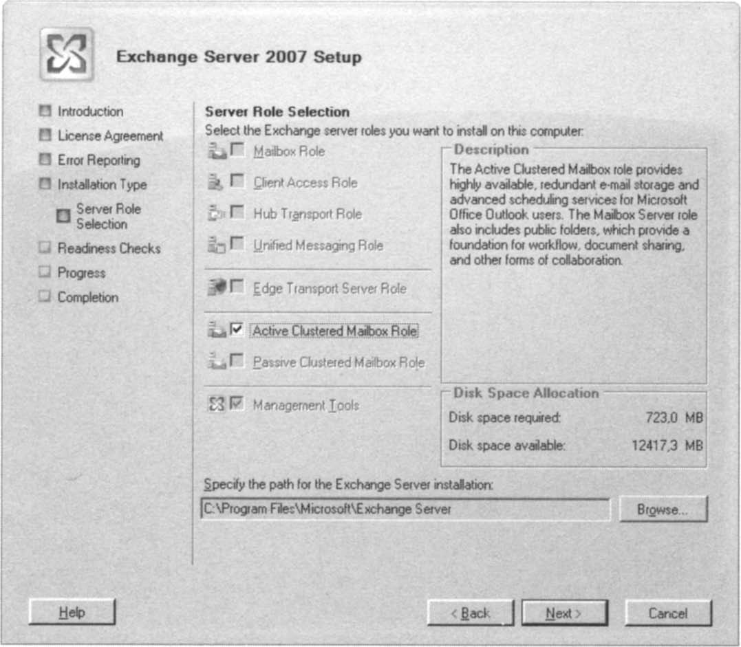  Selecting to Install an Active Clustered Mailbox Role