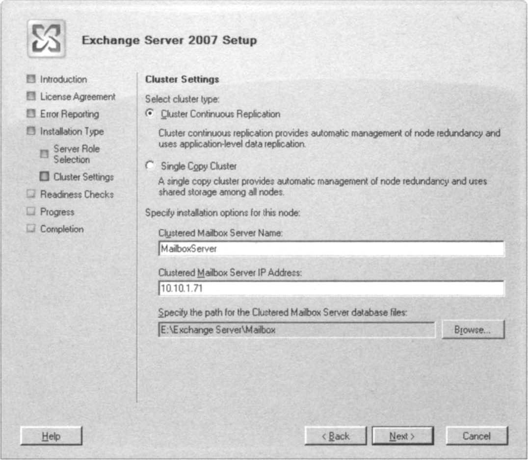 Selecting to Install a Cluster Continuous Replication Cluster
and Specifying the Name and IP Address of the Clustered Mailbox Server
