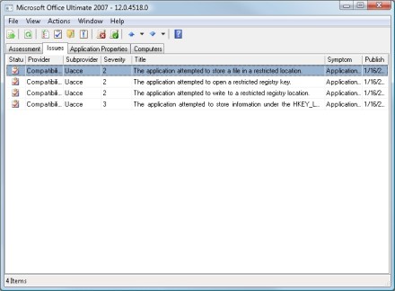 The issues tab lists any compatibility issues that have been reported.