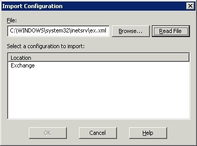 Exchange virtual directory in the Import Configuration dialog box