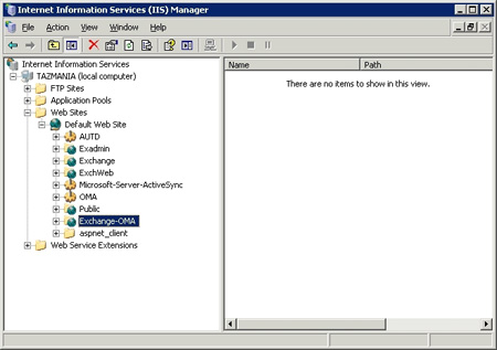 IIS Manager console lists Exchange virtual directories
