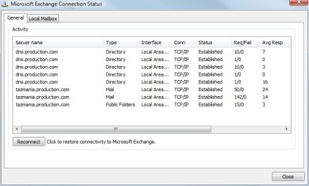 Microsoft Outlook 2007 Connection Status screen