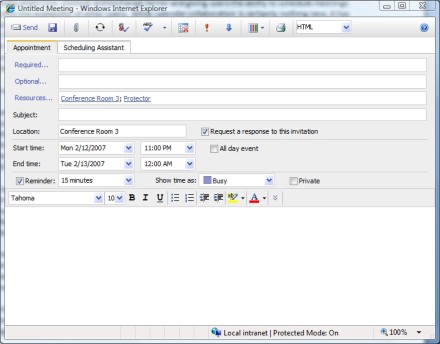 Outlook Web Access meeting request screen