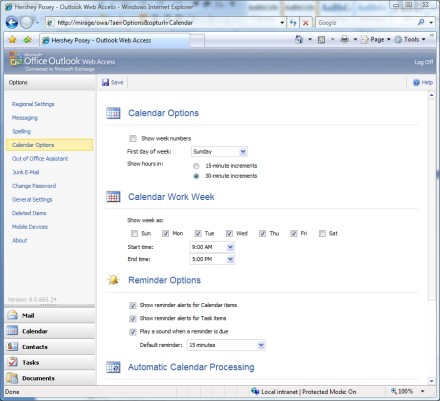 OWA Calendar Options screen
