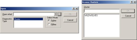 ClusDiag initial menus for online or offline mode