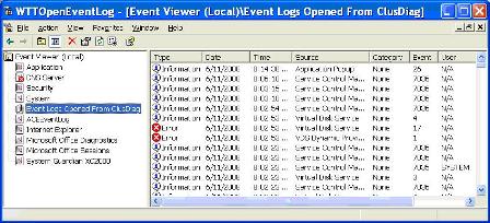 Example of ClusDiag invoking Event Viewer to display system event log entries.