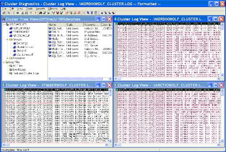 Here, ClusDiag shows an example of ClusDiag displaying three cluster logs from different nodes.