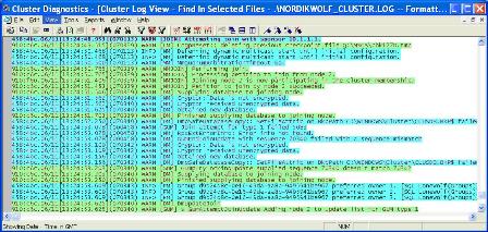 Example of ClusDiag merging multiple cluster logs with different background colors.