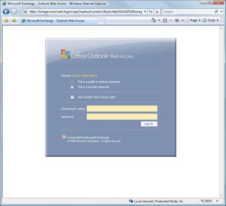 Default Exchange Server 2007 OWA sign-on screen