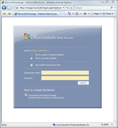 Exchange Server 2007 OWA sign-on screen with legal disclaimer