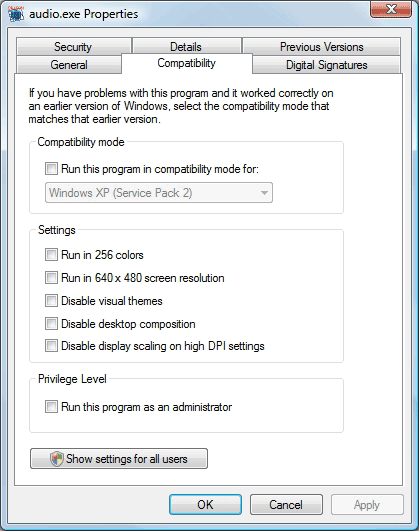 The Compatibility tab provides various workarounds to compatibility problems.