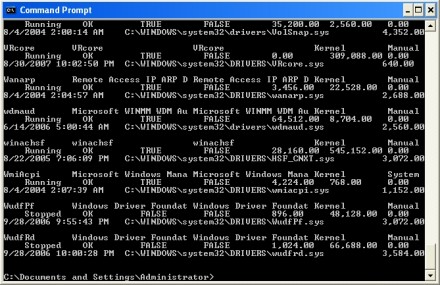 The DRIVERQUERY /V command tells you which devices are running and which have stopped
