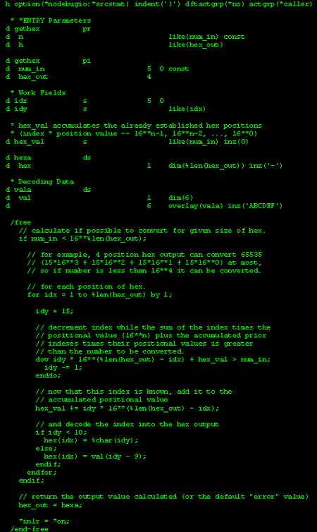 RPG screenshot of hexadecimal positions, defined parameters for iSeries