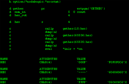 RPG hexadecimal positions, defined parameters for iSeries results