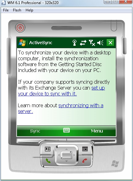 Windows Mobile Device emulator Exchange ActiveSync screen