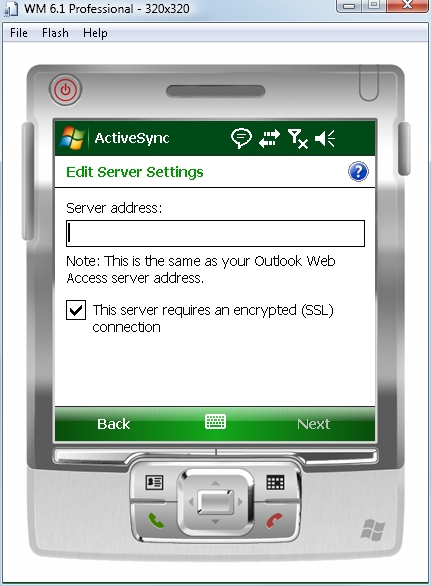Exchange ActiveSync edit server settings screen