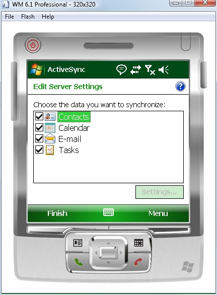 Exchange ActiveSync edit server settings screen