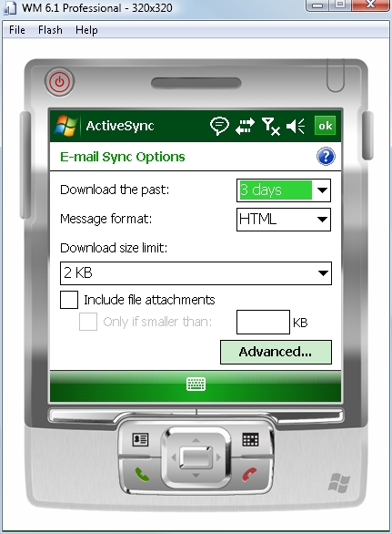 Exchange ActiveSync email sync options screen