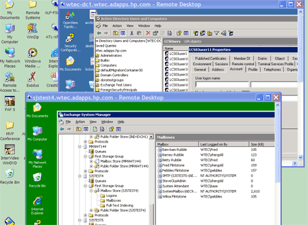two RDP sessions, looking at a domain controller and a Microsoft Exchange Server 