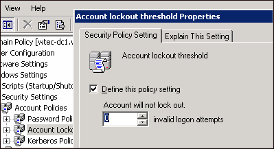 Account lockout default threshold set to 0