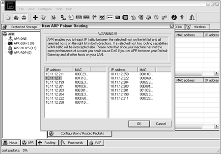 Selecting your victim hosts for ARP poisoning in Cain and Abel.