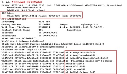 Example stack trace with outstanding IRP from QAFilter.sys.