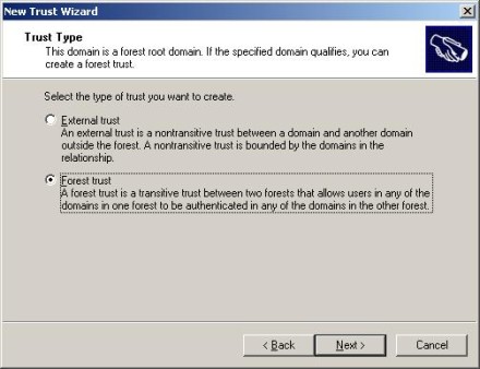 select ExternalTrust or Forest Trust in Trust Type dialog