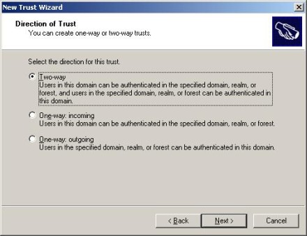 select a two-way trust outgoing or one-way incoming trust