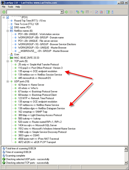 Port scan results in Vista systems