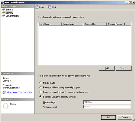 Define username/password for your linked SQL Server.