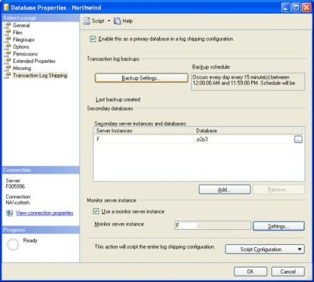 Transaction Log Shipping tab