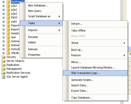 Accessing the log shipping wizard