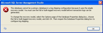 Dialog displayed if your database is in the simple recovery model